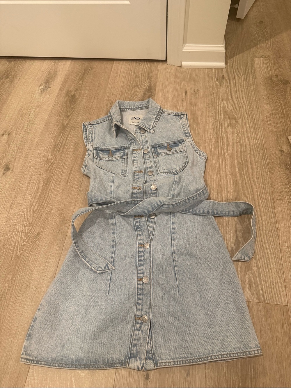 Zara Light Blue Sleeveless Denim Dress with Waist Tie